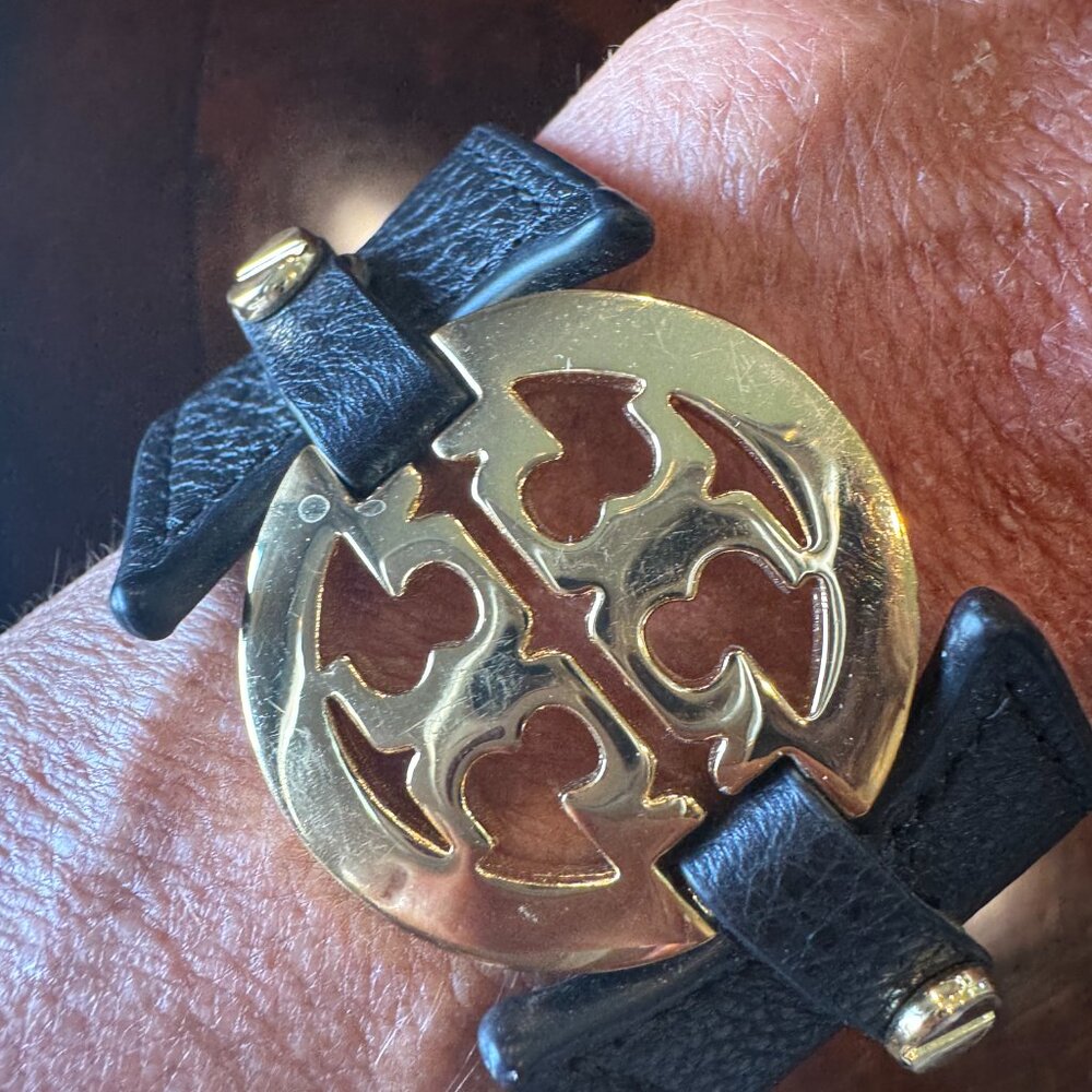Tory Burch Black & Gold Logo Wide Double Snap Cut Women's Designer Bracelet